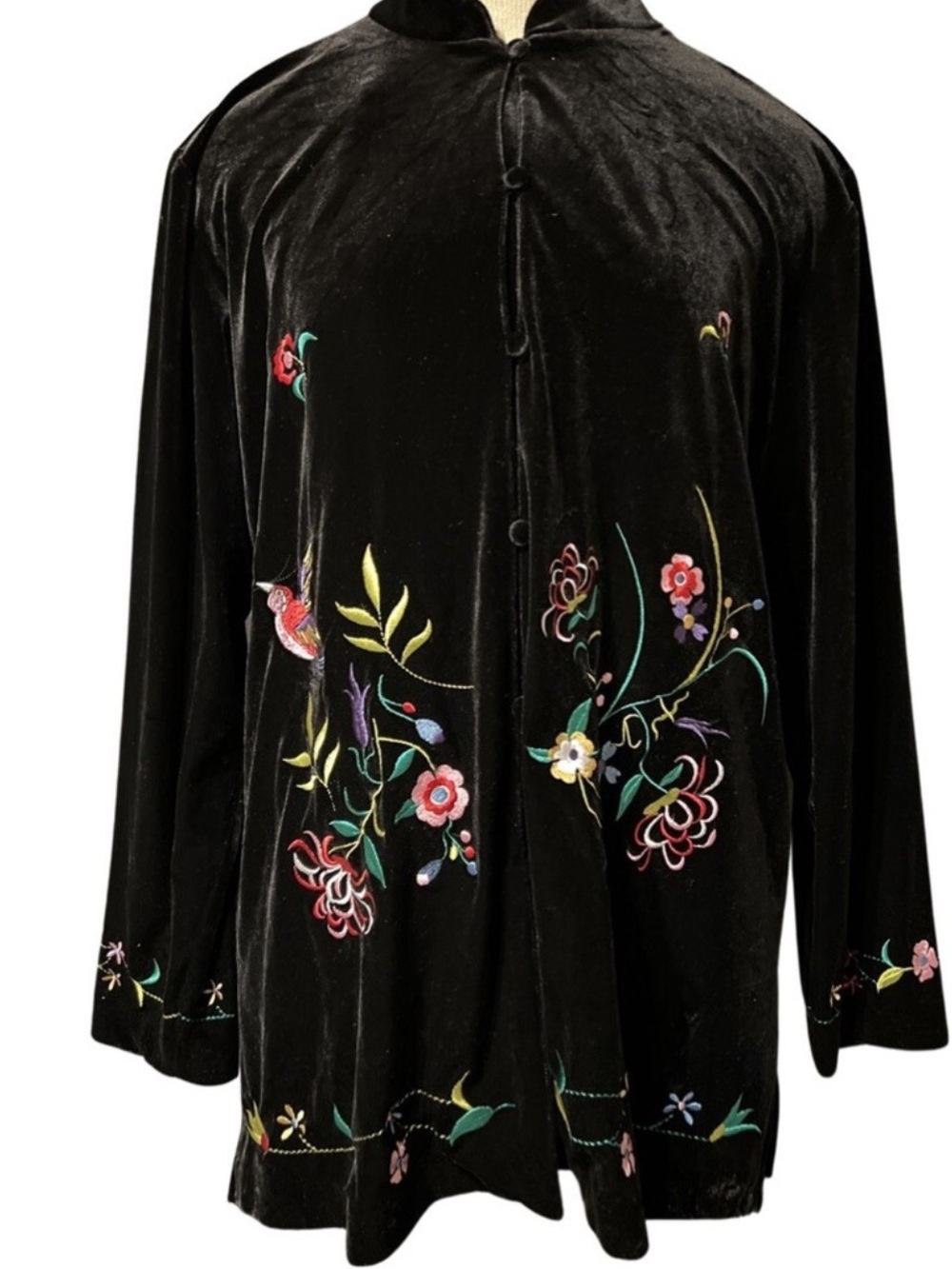 SUSAN GRAVER Black Velvet Embroidered Jacket Birds Flowers Button Up Size 1X